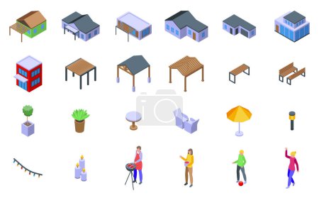 Illustration for House with patio icons set isometric vector. Wooden terrace. House summer nature - Royalty Free Image