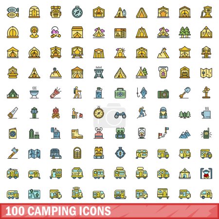 Téléchargez les illustrations : 100 icônes de camping ensemble. Ensemble de lignes de couleurs d'icônes vectorielles de camping couleur de ligne mince à plat sur blanc - en licence libre de droit