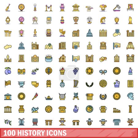 Téléchargez les illustrations : Ensemble de 100 icônes d'historique. Jeu de lignes de couleurs d'icônes vectorielles d'histoire couleur de ligne mince à plat sur blanc - en licence libre de droit