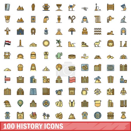Téléchargez les illustrations : Ensemble de 100 icônes d'historique. Jeu de lignes de couleurs d'icônes vectorielles d'histoire couleur de ligne mince à plat sur blanc - en licence libre de droit