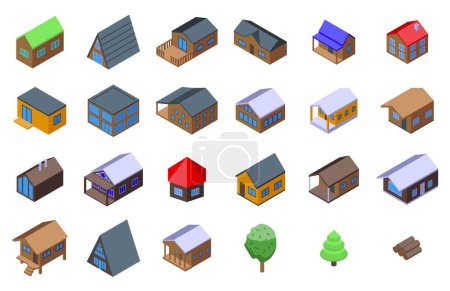 Illustration for Wooden cabin icons set isometric vector. Wood tree house. Camp small log - Royalty Free Image
