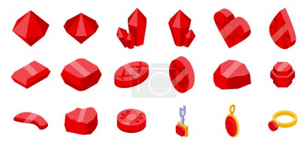 Téléchargez les illustrations : Icônes de roche rubis ensemble vecteur isométrique. Pierre précieuse magique. Cristal minéral - en licence libre de droit
