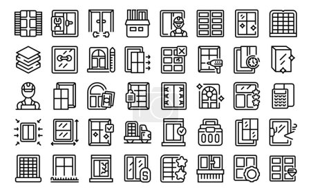 Illustration for Windows installer icons set outline vector. Glass frame production. Manufacturing pvc - Royalty Free Image