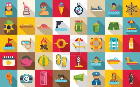 Illustration for Swim camp icons set flat vector. Water beach pool. Float child park - Royalty Free Image