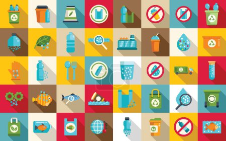Illustration for Microplastics pollution icons set flat vector. Fish environment plastic. Ocean dirty recycle - Royalty Free Image