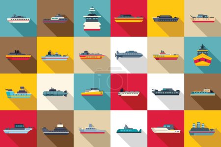 Illustration for Warship icons set flat vector. Aircraft carrier. Military war boat - Royalty Free Image