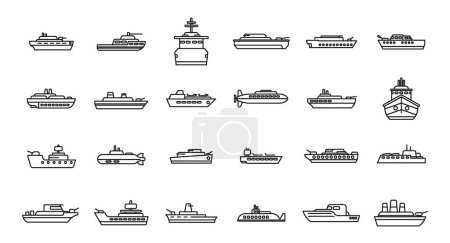 Illustration for Warship icons set outline vector. Aircraft carrier. Military war boat - Royalty Free Image