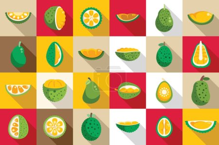 Téléchargez les illustrations : Icônes Jackfruit mis vecteur plat. Vegan exotique tropical. Saveur de viande - en licence libre de droit