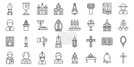 Ilustración de Los iconos capellanes establecen el vector de contorno. Ramadán musulmán namaz. Reza árabe. - Imagen libre de derechos