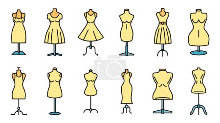 Illustration for Mannequin atelier icons set. Outline set of mannequin atelier vector icons thin line color flat on white - Royalty Free Image