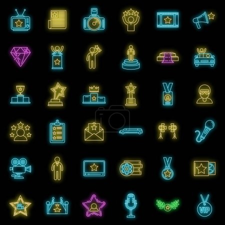 Illustration for Celebrity famous icons set. Outline set of celebrity famous vector icons neon color on black - Royalty Free Image