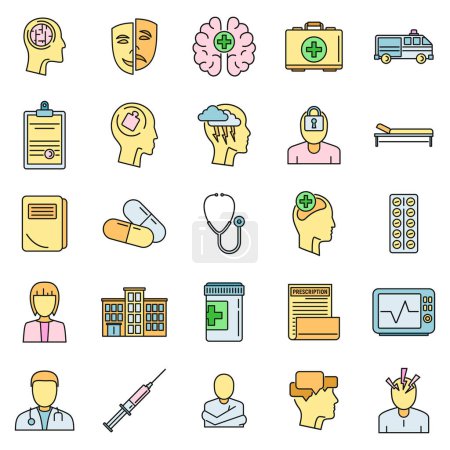 Illustration for Brain mental hospital icons set. Outline set of brain mental hospital vector icons thin line color flat on white - Royalty Free Image