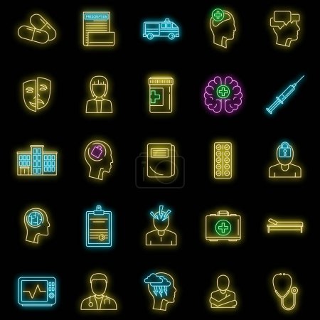 Illustration for Brain mental hospital icons set. Outline set of brain mental hospital vector icons neon color on black - Royalty Free Image