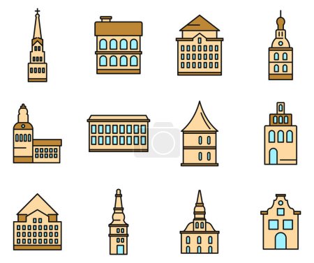 Ilustración de Conjunto de iconos de Riga Latvia. Conjunto de contornos de Riga Letonia vector iconos delgada línea de color plano sobre blanco - Imagen libre de derechos