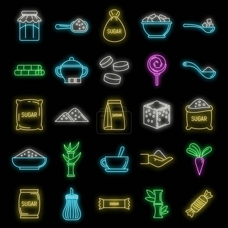 Illustration for Sugar cane icons set. Outline set of sugar cane vector icons neon color on black - Royalty Free Image