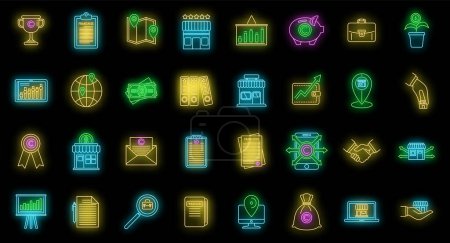 Ilustración de Conjunto de iconos de tienda de franquicias. Esquema conjunto de iconos vectoriales franquicia tienda color neón en negro - Imagen libre de derechos