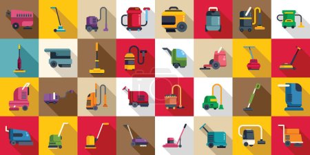 Illustration for Floor washing machine icons set flat vector. Cleaning staff. Job apartment cleaner - Royalty Free Image