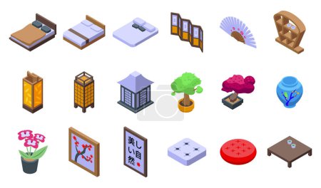 Illustration for Asian bedroom icons set isometric vector. Large bed night. Picture wall cushion - Royalty Free Image