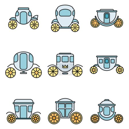 Illustration for Brougham carriage icons set. Outline set of brougham carriage vector icons thin line color flat on white - Royalty Free Image