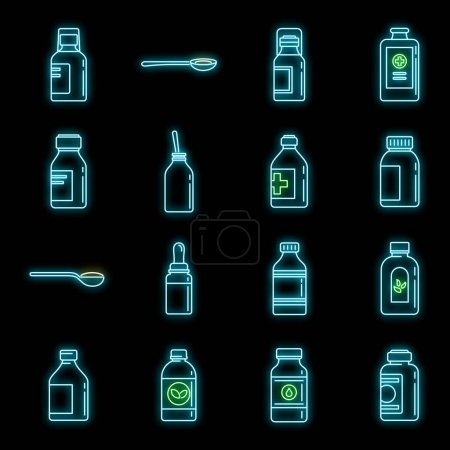 Illustration for Cough syrup bottle icons set. Outline set of cough syrup bottle vector icons neon color on black - Royalty Free Image