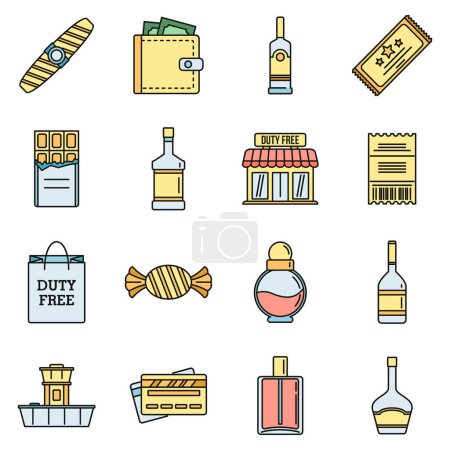 Illustration for Travel duty free shop icons set. Outline set of travel duty free shop vector icons thin line color flat on white - Royalty Free Image