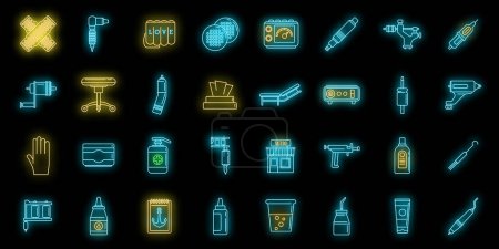 Illustration for City tattoo studio icons set. Outline set of city tattoo studio vector icons neon color on black - Royalty Free Image