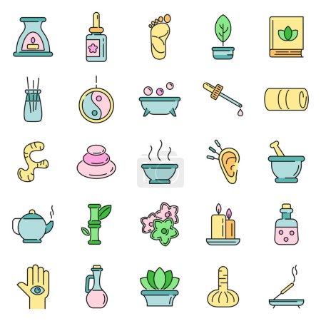 Illustration for Ayurveda icons set. Outline set of ayurveda vector icons thin line color flat on white - Royalty Free Image