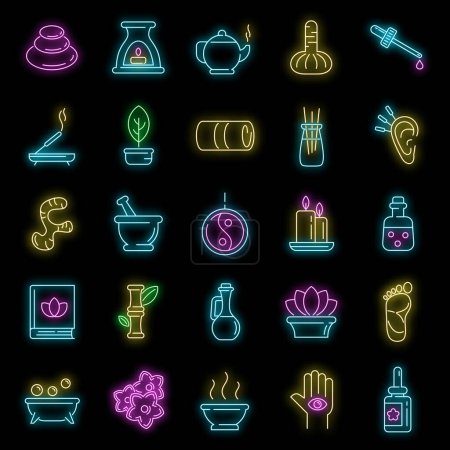 Illustration for Ayurveda icons set. Outline set of ayurveda vector icons neon color on black - Royalty Free Image