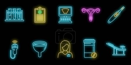 Illustration for Hospital gynecologist icons set. Outline set of hospital gynecologist vector icons neon color on black - Royalty Free Image