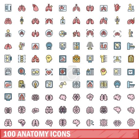 100 Anatomie-Symbole gesetzt. Farbe Linie Satz von Anatomie-Vektorsymbolen dünne Linie Farbe flach auf weiß