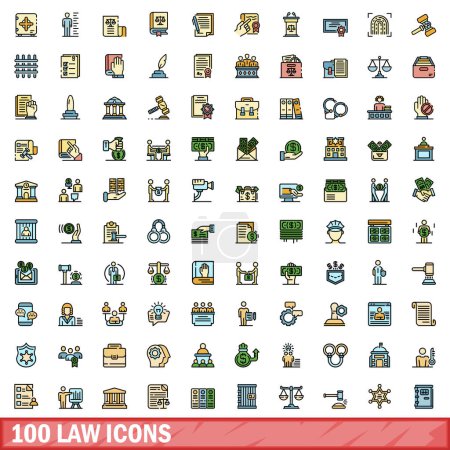 Téléchargez les illustrations : Ensemble de 100 icônes de loi. Ensemble de lignes de couleurs d'icônes vectorielles de loi couleur de ligne mince à plat sur blanc - en licence libre de droit