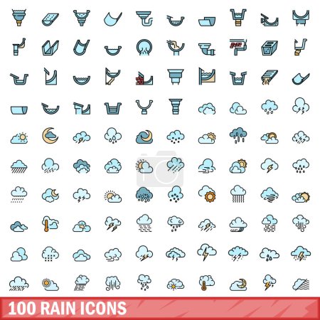 Téléchargez les illustrations : Ensemble de 100 icônes de pluie. Ensemble de lignes de couleurs d'icônes vectorielles de pluie couleur de ligne mince à plat sur blanc - en licence libre de droit