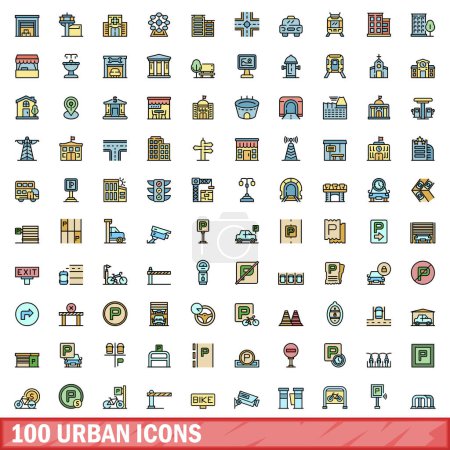 Téléchargez les illustrations : Ensemble de 100 icônes urbaines. Ensemble de lignes de couleurs d'icônes vectorielles urbaines couleur de ligne mince à plat sur blanc - en licence libre de droit