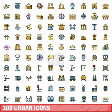 Téléchargez les illustrations : Ensemble de 100 icônes urbaines. Ensemble de lignes de couleurs d'icônes vectorielles urbaines couleur de ligne mince à plat sur blanc - en licence libre de droit