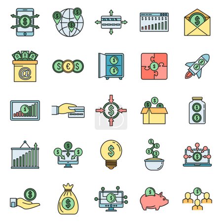 Illustration for Social crowdfunding platform icons set. Outline set of social crowdfunding platform vector icons thin line color flat on white - Royalty Free Image