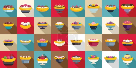 Illustration for Banana split icons set flat vector. Cream calories dessert. Caramel bowl - Royalty Free Image