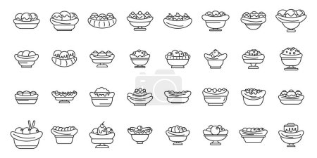 Illustration for Banana split icons set outline vector. Cream calories dessert. Caramel bowl - Royalty Free Image
