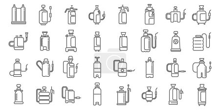 Illustration for Pesticide sprayer icons set outline vector. Pressure garden lawn. Spray field - Royalty Free Image