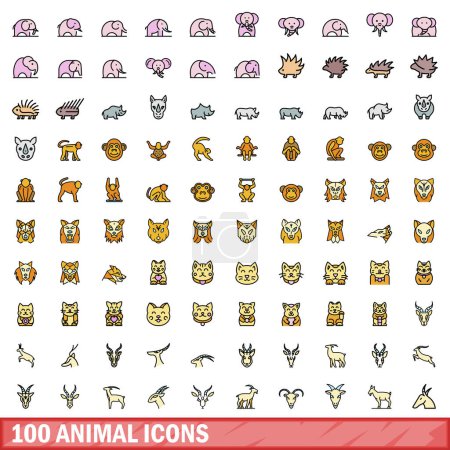 Téléchargez les illustrations : Ensemble de 100 icônes animales. Ensemble de lignes de couleurs d'icônes vectorielles animales couleur de ligne mince à plat sur blanc - en licence libre de droit
