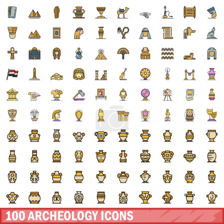 Illustration for 100 archeology icons set. Color line set of archeology vector icons thin line color flat on white - Royalty Free Image