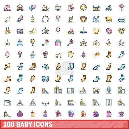 Ilustración de 100 iconos de bebé. Conjunto de línea de color de iconos de vectores de bebé línea delgada de color plano en blanco - Imagen libre de derechos