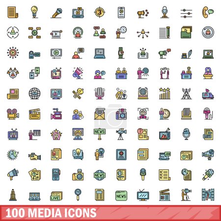 Téléchargez les illustrations : Ensemble de 100 icônes média. Jeu de lignes de couleurs d'icônes vectorielles médias couleur de ligne mince à plat sur blanc - en licence libre de droit