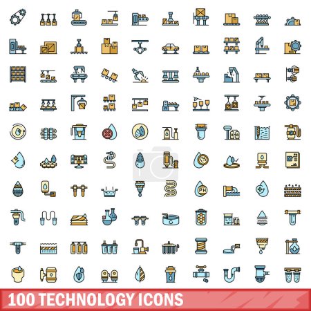 Téléchargez les illustrations : Ensemble de 100 icônes technologiques. Ensemble de lignes de couleurs d'icônes vectorielles de technologie couleur de ligne mince à plat sur blanc - en licence libre de droit