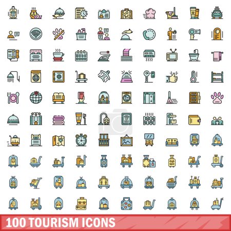 Téléchargez les illustrations : 100 icônes du tourisme. Ensemble de lignes de couleurs d'icônes vectorielles de tourisme couleur de ligne mince à plat sur blanc - en licence libre de droit