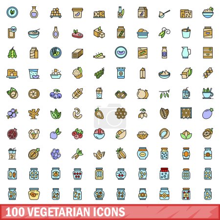 Illustration for 100 vegetarian icons set. Color line set of vegetarian vector icons thin line color flat on white - Royalty Free Image