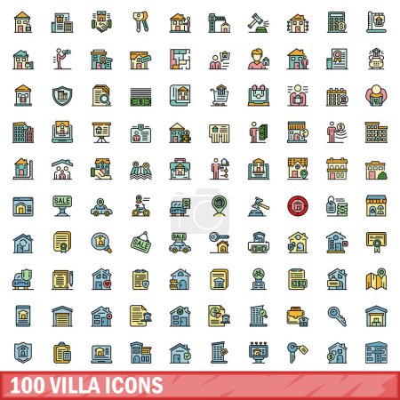 Téléchargez les illustrations : Ensemble de 100 icônes de villa. Ensemble de lignes de couleurs d'icônes vectorielles de villa couleur de ligne mince à plat sur blanc - en licence libre de droit