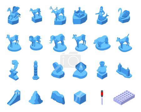 Téléchargez les illustrations : Icônes de sculpture de glace ensemble vecteur isométrique. Sirène des animaux. Statue médiévale du château - en licence libre de droit