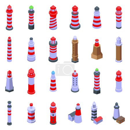 Illustration for Beacon tower cliff icons set isometric vector. Rock lighthouse. Ocean light - Royalty Free Image
