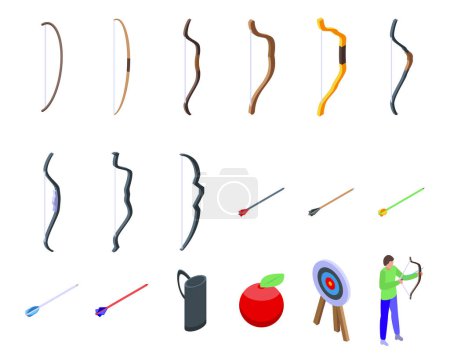 Illustration for Archery shoot weapon icons set isometric vector. Bow arrow. Game equipment - Royalty Free Image