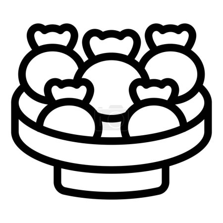 Téléchargez les illustrations : Dumplings bol icône contour vecteur. Panier à provisions. Assiette wonton - en licence libre de droit